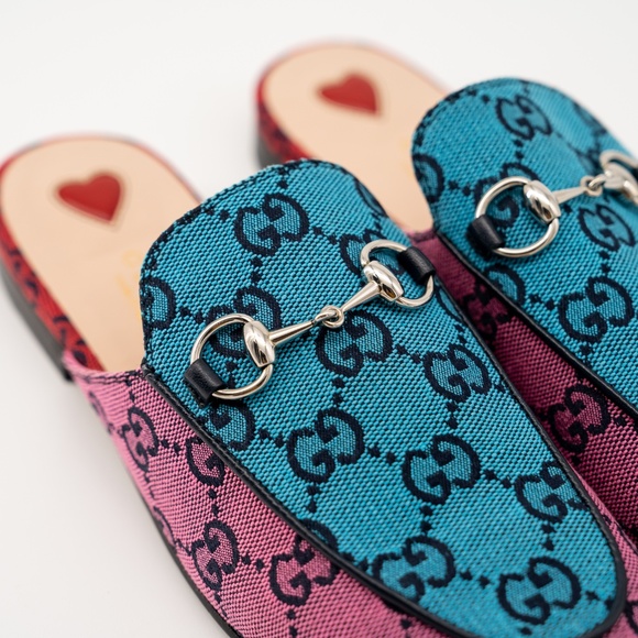 size 35.5G 5.5 US Gucci Princetown Blue Pink GG Canvas Mules Slipper Sandals - Picture 6 of 11